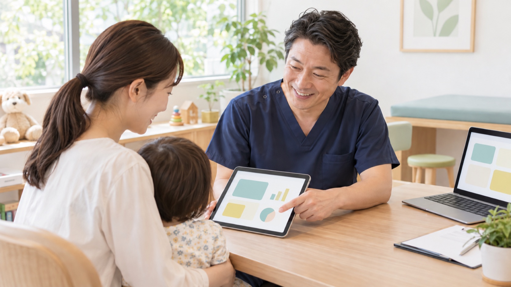 医師がタブレットを見せながら、子どもを膝にのせた母親に笑顔で説明している。