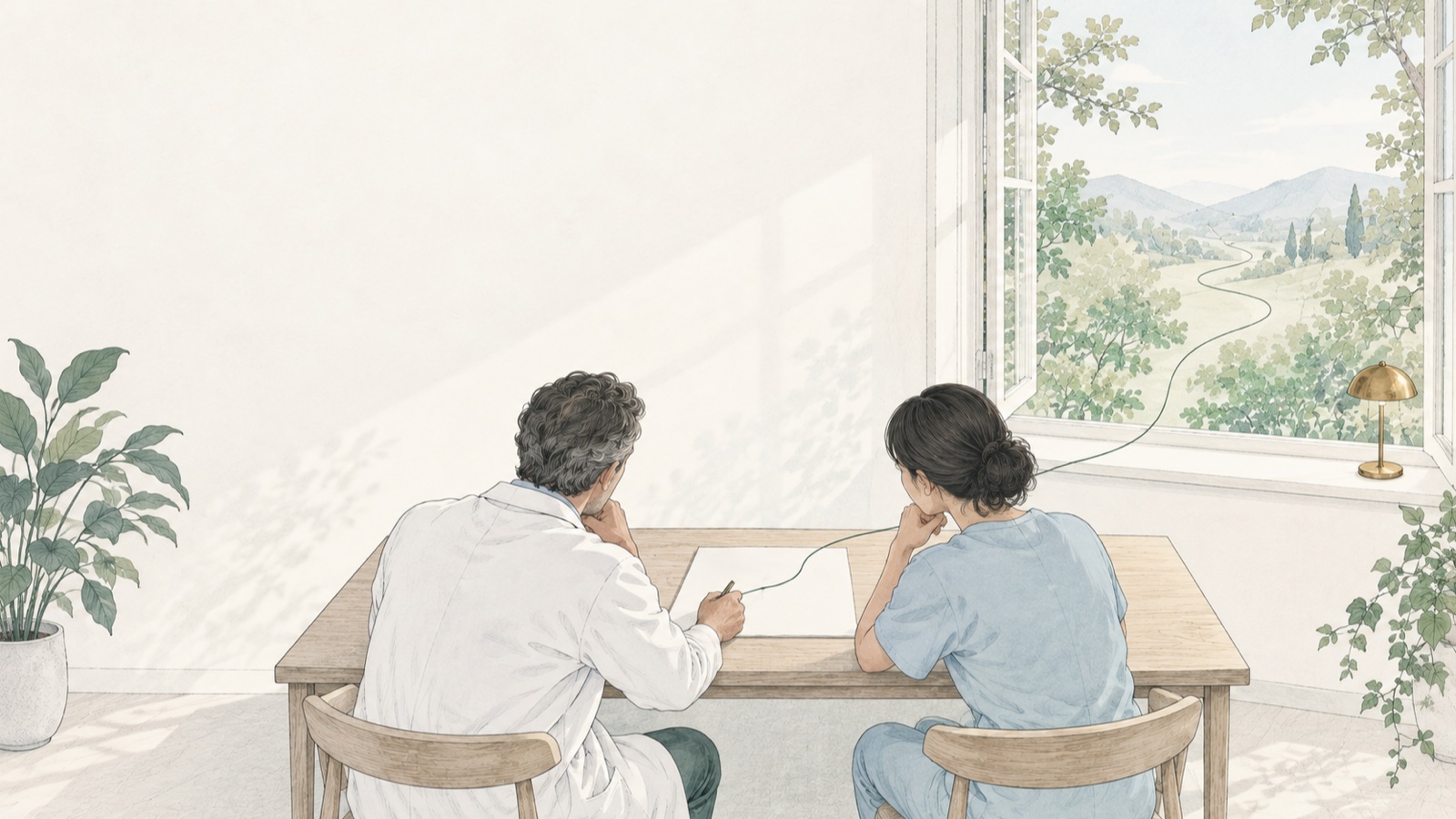 窓辺の机で、白衣の先輩と若いスタッフが1枚の紙をのぞき込み、窓の外へ細い道が続いている。（ペン画）