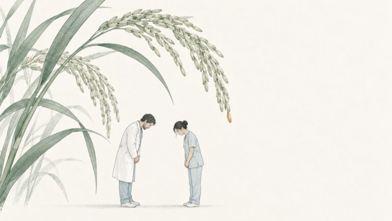 頭を垂れる実った稲穂の下で、2人の医療者が軽く頭を下げ合っている。（ペン画）