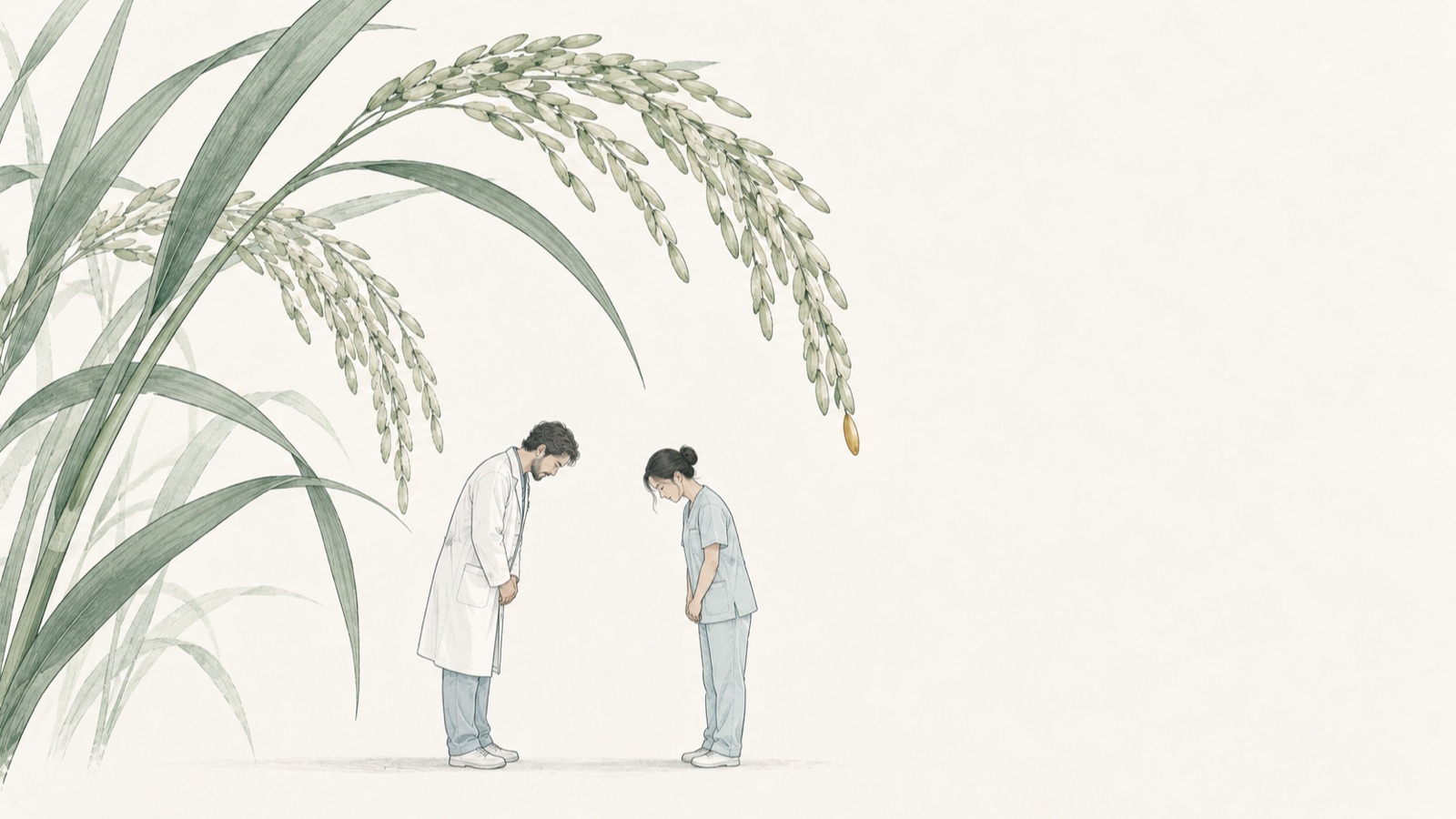 頭を垂れる実った稲穂の下で、2人の医療者が軽く頭を下げ合っている。（ペン画）