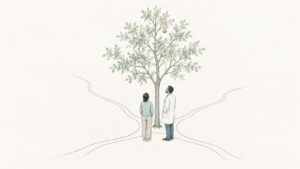 四方から小道が集まる若い木を、医師と親が並んで見上げている。（ペン画）