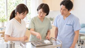 明るい処置室で、看護師が先輩と一緒にトレーの器具を指さしで確かめ、医師がうなずいている。