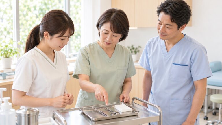 明るい処置室で、看護師が先輩と一緒にトレーの器具を指さしで確かめ、医師がうなずいている。