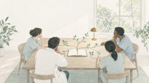 木のテーブルを少人数の医療チームが囲み、真ん中の開いたノートから伸びた若い枝が、一人ひとりの手元へ届いているイラスト。