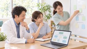 医師とスタッフ2人が、ノートパソコンの流れ図とホワイトボードの付箋を見比べながら、笑顔で手順を組み直している。