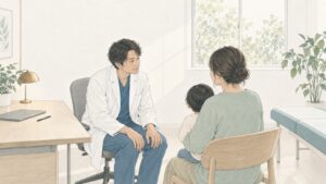 明るい診察室で、医師がペンを置き、体を少し前に傾けて、子どもを膝にのせた母親の話に耳を傾けているイラスト。