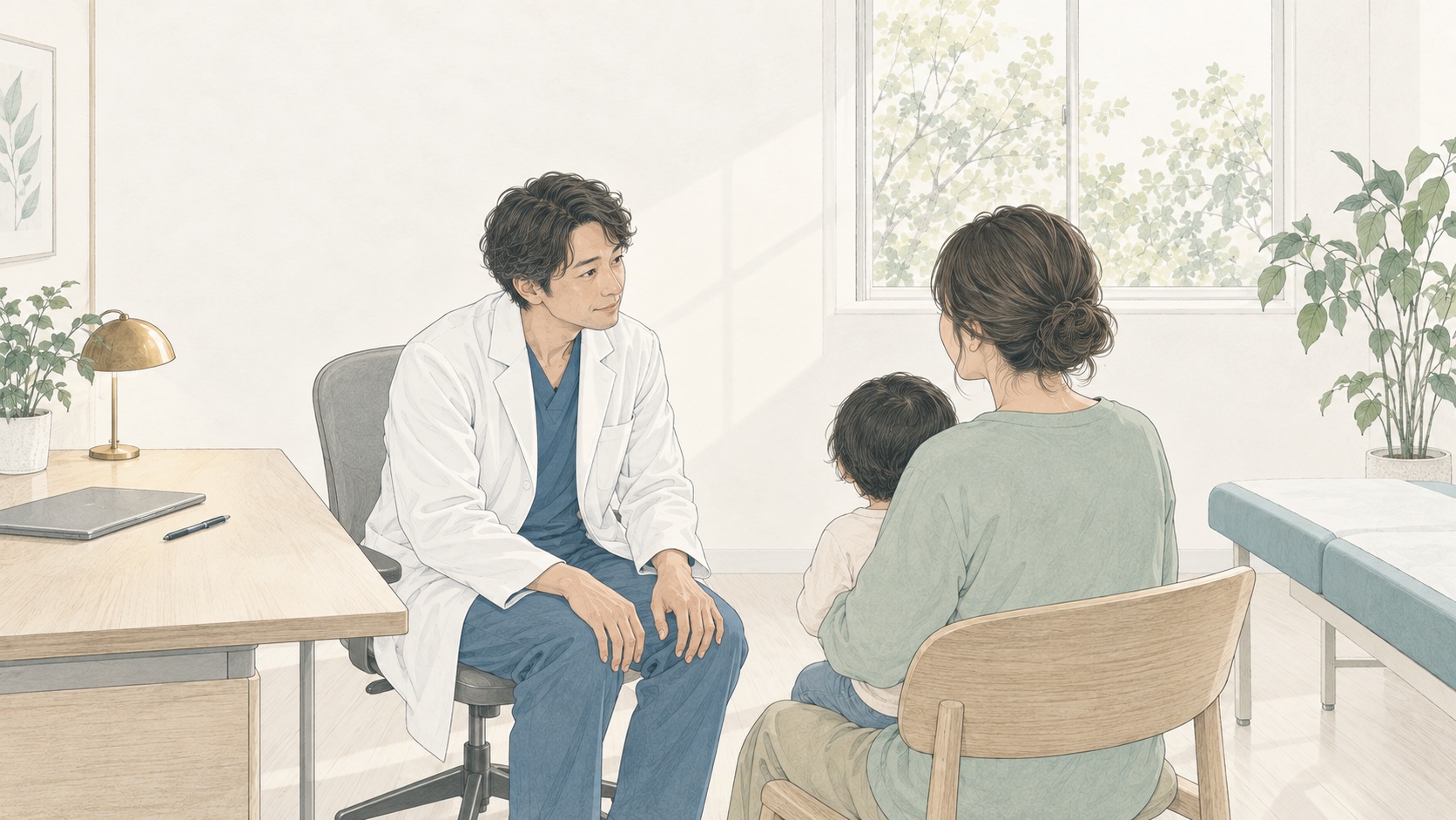 明るい診察室で、医師がペンを置き、体を少し前に傾けて、子どもを膝にのせた母親の話に耳を傾けているイラスト。