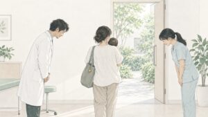 診察室の出口で、赤ちゃんを抱いた母親を、医師と看護師が少し頭を下げてあたたかく見送っているイラスト。