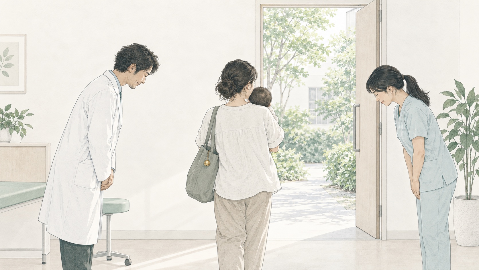 診察室の出口で、赤ちゃんを抱いた母親を、医師と看護師が少し頭を下げてあたたかく見送っているイラスト。