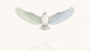 温かい白の地に、細いペンで描かれた一羽の鳥が、左右の翼を大きく広げて飛んでいる。片方の翼は淡い緑、もう片方は淡い青で、胸もとに小さな金の点がある。下には細い道が遠くへ続いている。