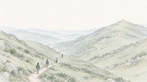 谷を越えてうねりながら続く細い山道を、4人の小さな後ろ姿が少し間をあけて歩いている。丘の先に、小さな灯りがひとつともっている。