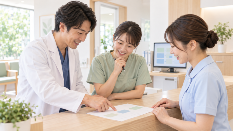 明るいクリニックの受付で、医師・看護師・受付の3人が一枚の手順の紙を囲み、笑顔で話し合っている。奥の画面には流れを示す色のカードが並ぶ。