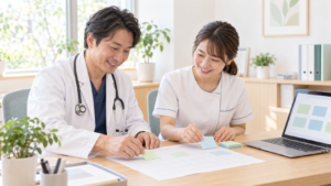 夕方の明るい事務机で、医師とスタッフが一枚の表に付箋を貼りながら、笑顔で業務を書き出している。