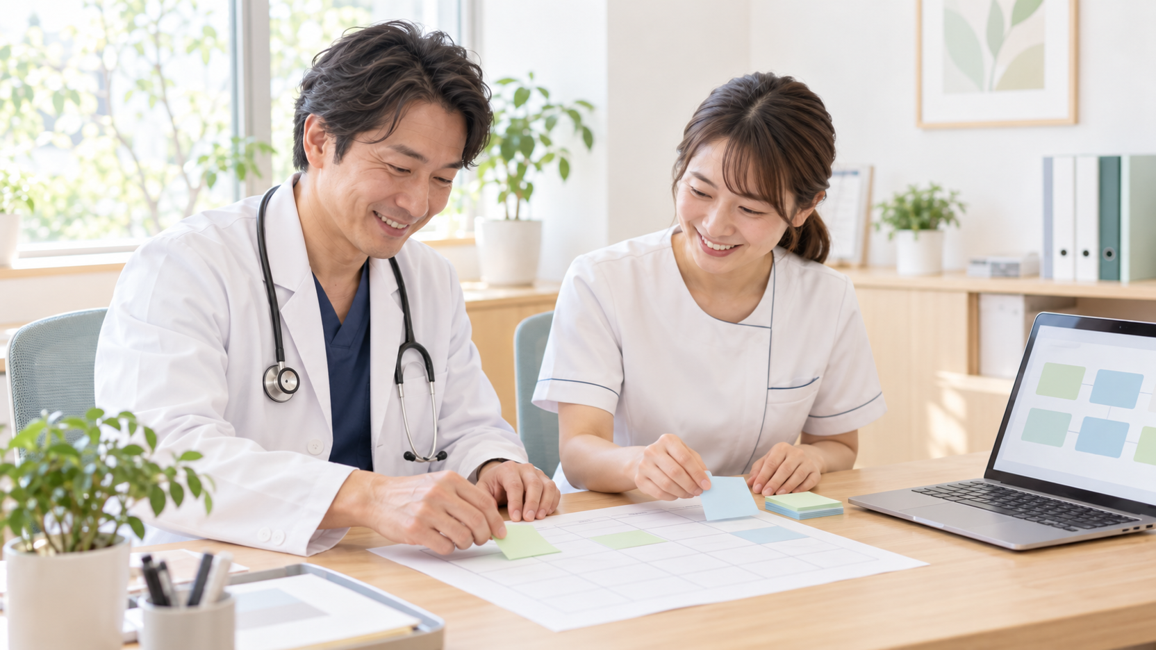 夕方の明るい事務机で、医師とスタッフが一枚の表に付箋を貼りながら、笑顔で業務を書き出している。