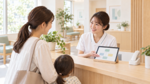明るい受付で、スタッフが笑顔で母親に向き合っている。カウンターの電話機は静かで、脇の画面には枝分かれする行き先の図が映る。