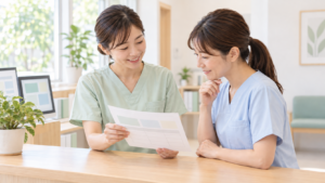 朝の明るい受付で、二人のスタッフが一枚の紙を見ながら、穏やかにうなずき合っている。