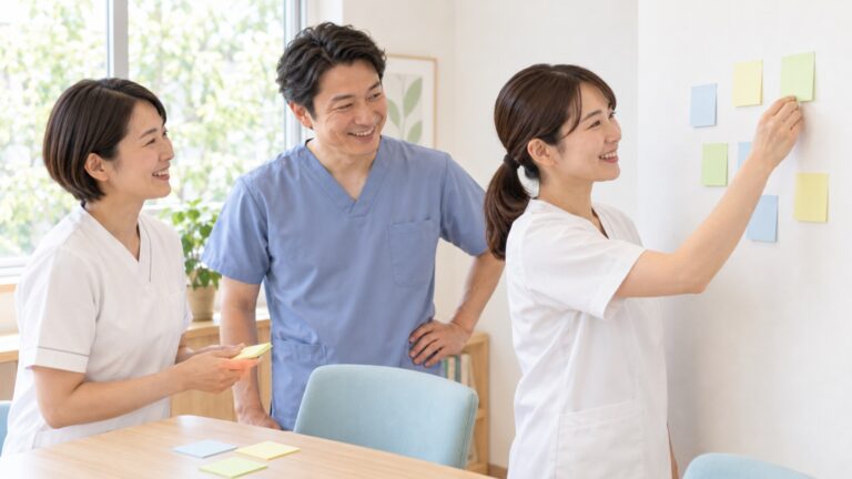 小さな会議室で、3人のスタッフが壁の付箋を並べ替えて笑顔になっている。