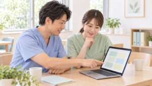 2人の医療スタッフが、ノートパソコンの画面を指差して次にやることを確かめている。
