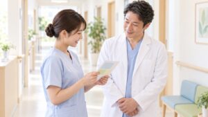 明るい廊下で、新人の看護師が医師に手元のメモを見ながら報告し、医師が穏やかにうなずいて聞いている。
