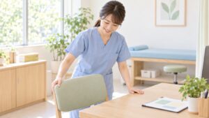 朝の診察室で、看護師が机と椅子を丁寧に整え、ほほえみながら準備をしている。