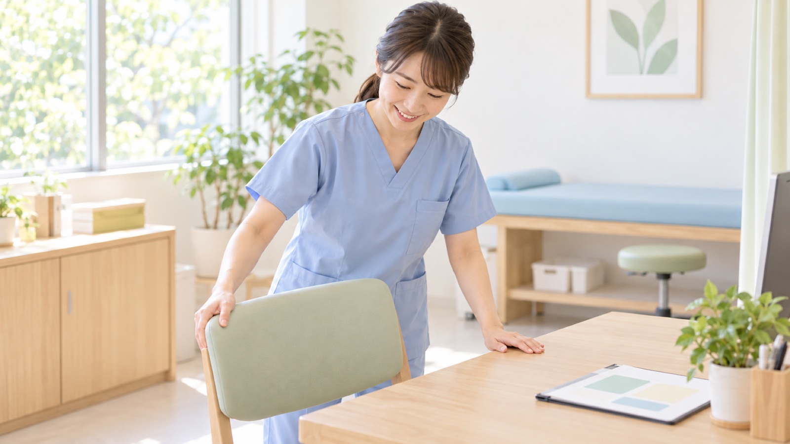 朝の診察室で、看護師が机と椅子を丁寧に整え、ほほえみながら準備をしている。