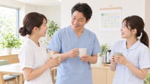 朝のスタッフルームで、色の四角が並ぶ小さなカレンダーの前に、スタッフ3人がマグカップを手に笑顔で集まっている。