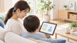 明るいリビングのソファで、母親と子どもが並んでタブレットの動画を見ている。母親がうなずきながらほほえんでいる。