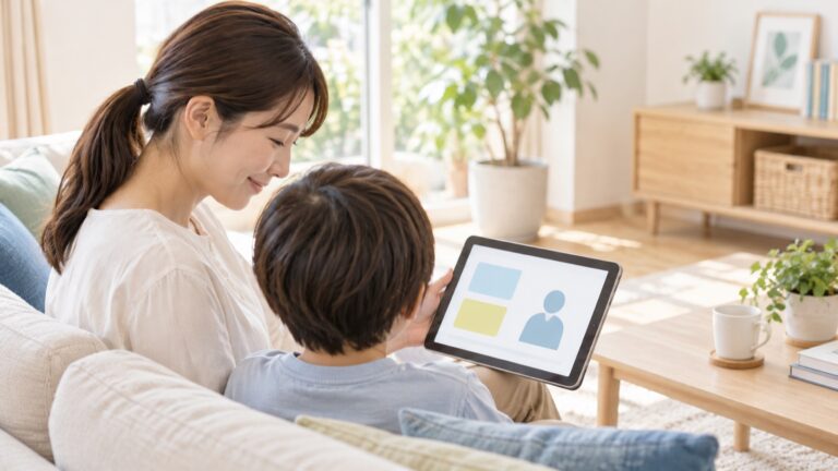 明るいリビングのソファで、母親と子どもが並んでタブレットの動画を見ている。母親がうなずきながらほほえんでいる。