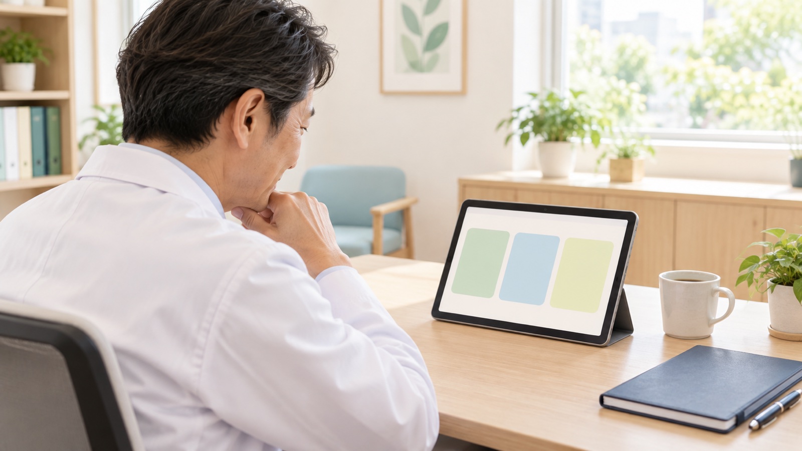 明るい部屋の窓辺で、白衣の医師が机のタブレットに並んだ3枚のカードを穏やかに見ている。