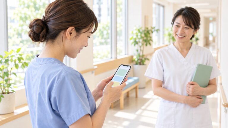 明るい廊下の窓際で、看護師がスマートフォンに短く打ち込み、そばで同僚が笑顔で立っている。